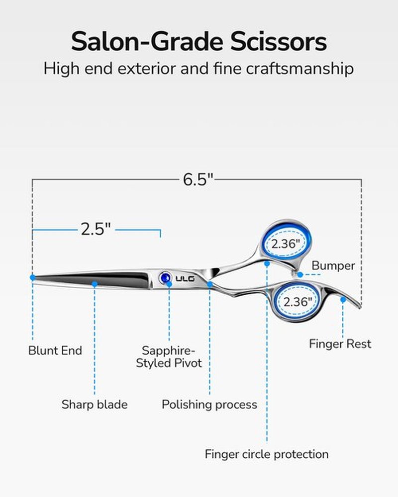 Hair Cutting Scissors for Left Hand, ULG Left-Handed Professional Hair Scissors 6.5-Inch Razor Edge Barber Shears for Salon and Home Hair Cutting Made of Japanese Stainless Steel, Blue Fingerhole Ring