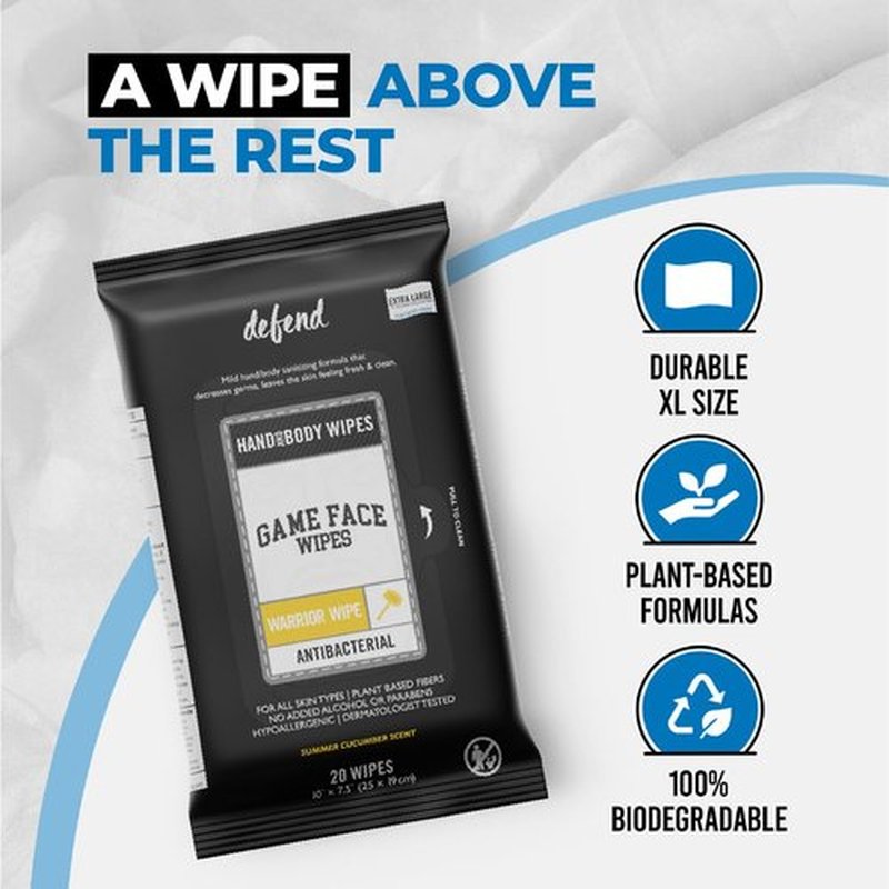 Game Face Antibacterial Warrior Wipes - Hand & Surface Disinfecting Wipes | 20 Count Pack XL Size 100% Compostable, Naturally Formulated | Leaves Skin Feeling Fresh & Clean | Cucumber & Lime Scent
