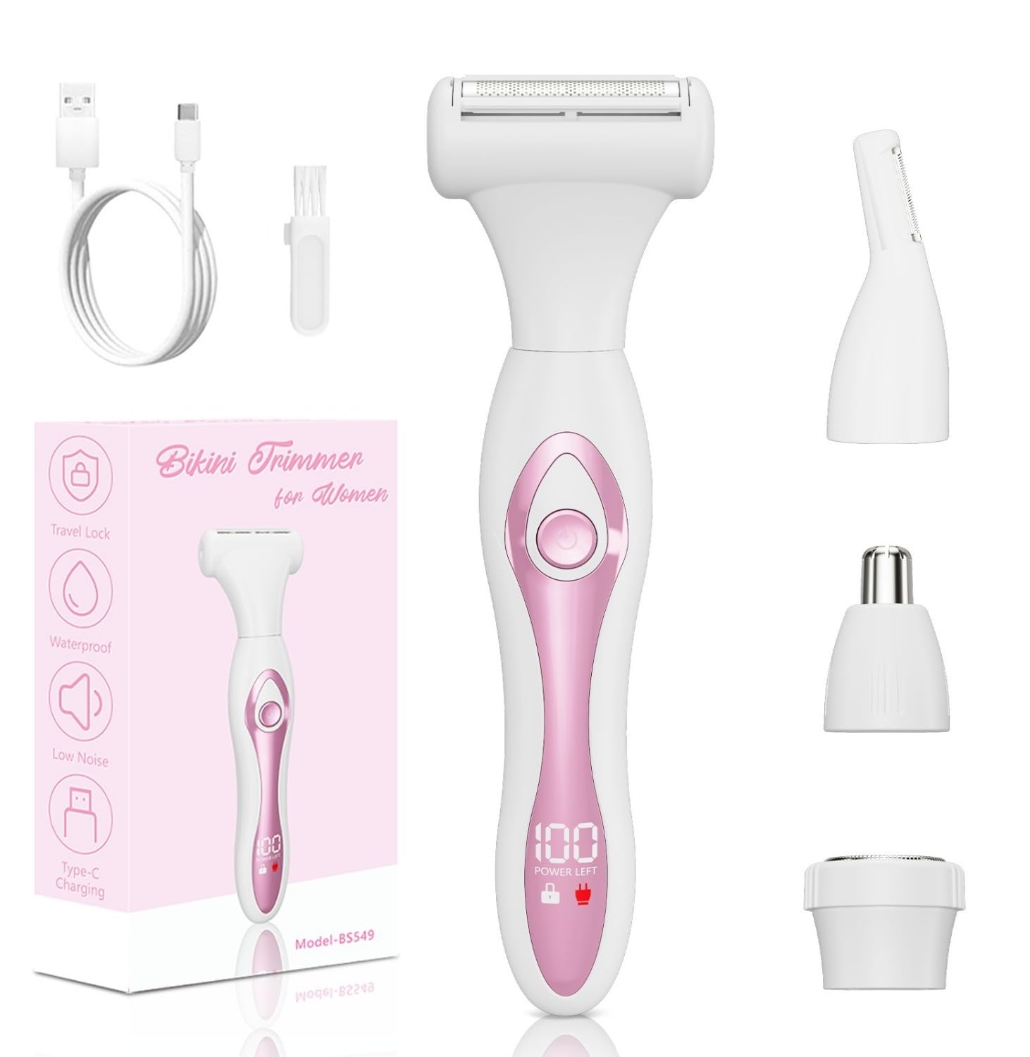 Electric Razors for Women, Painless Bikini Trimmer for Women for Silk Skin, 4-in-1 Wet/Dry Cordless Body Shaver, IPX6 Waterproof Replaceable Facial, Eyebrow, Nose Trimmer, Type-C Fast Charge, Pink