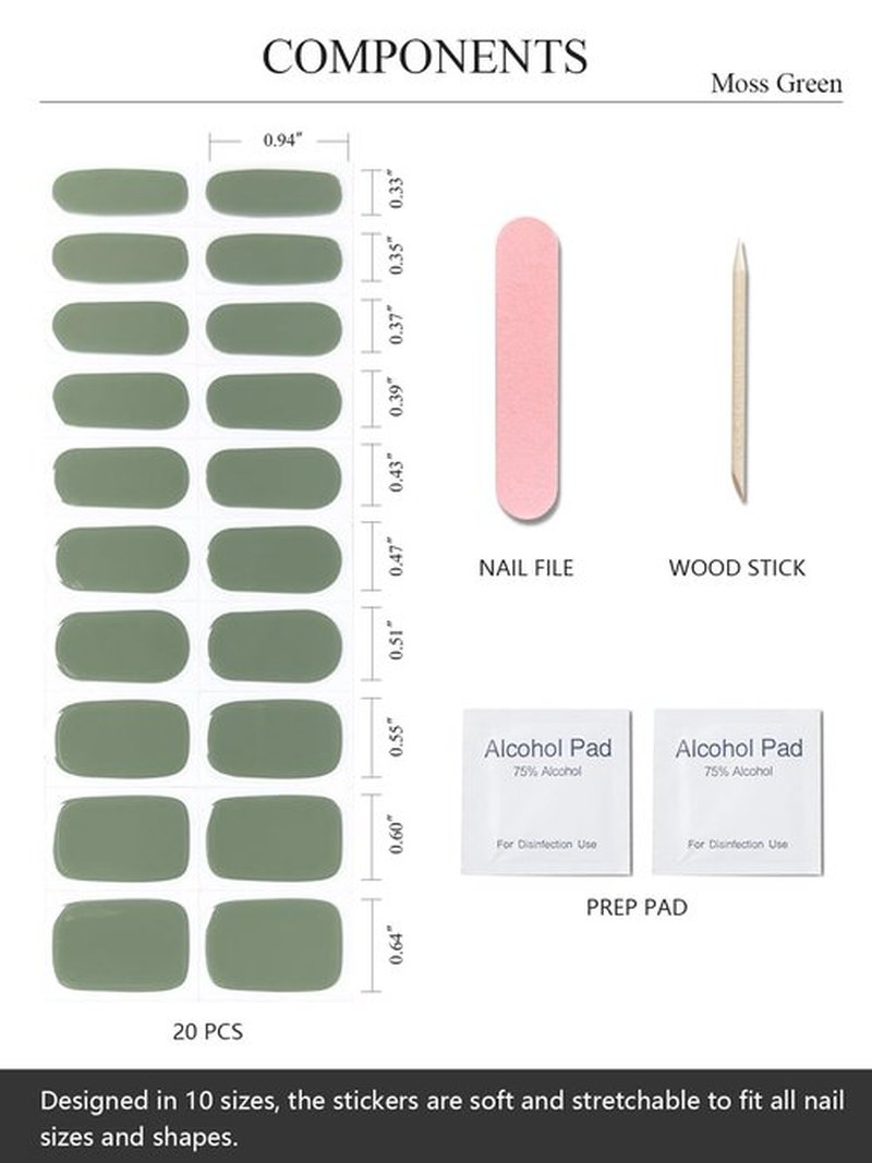 AutyaMee Semi Cured Gel Nail Strips (Army Green), 20 Pcs Gel Nail Wraps, Stickers, Salon Quality, Long Lasting, Works with Any Lamps