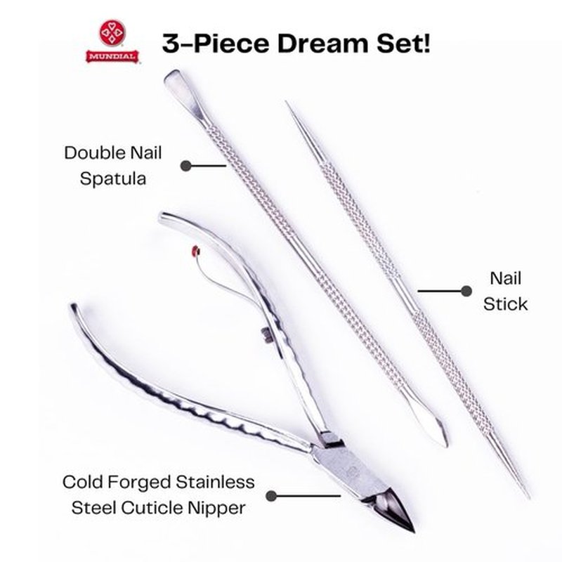 Mundial Nail Care 3-Piece Set | Professional Stainless Steel Cuticle Nippers & Nail Pusher Kit