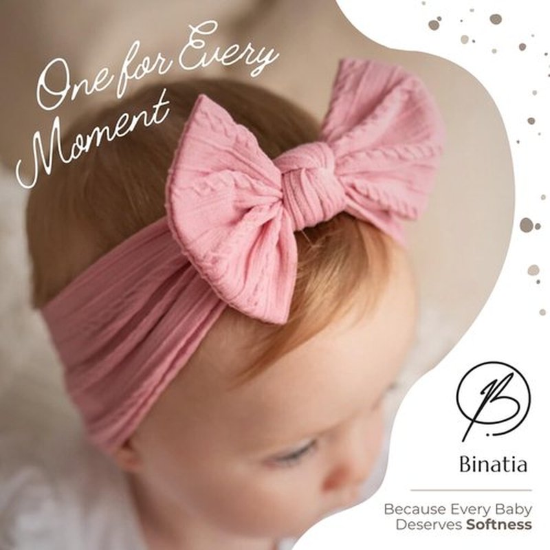Binatia Baby Girl Headbands Set – 12 Pack Ribbed Nylon Bows – Soft & Stretchy Newborn to Toddler Turbans – No Mark, Non-Slip, Textured Design Hair Accessories for Infant Girls