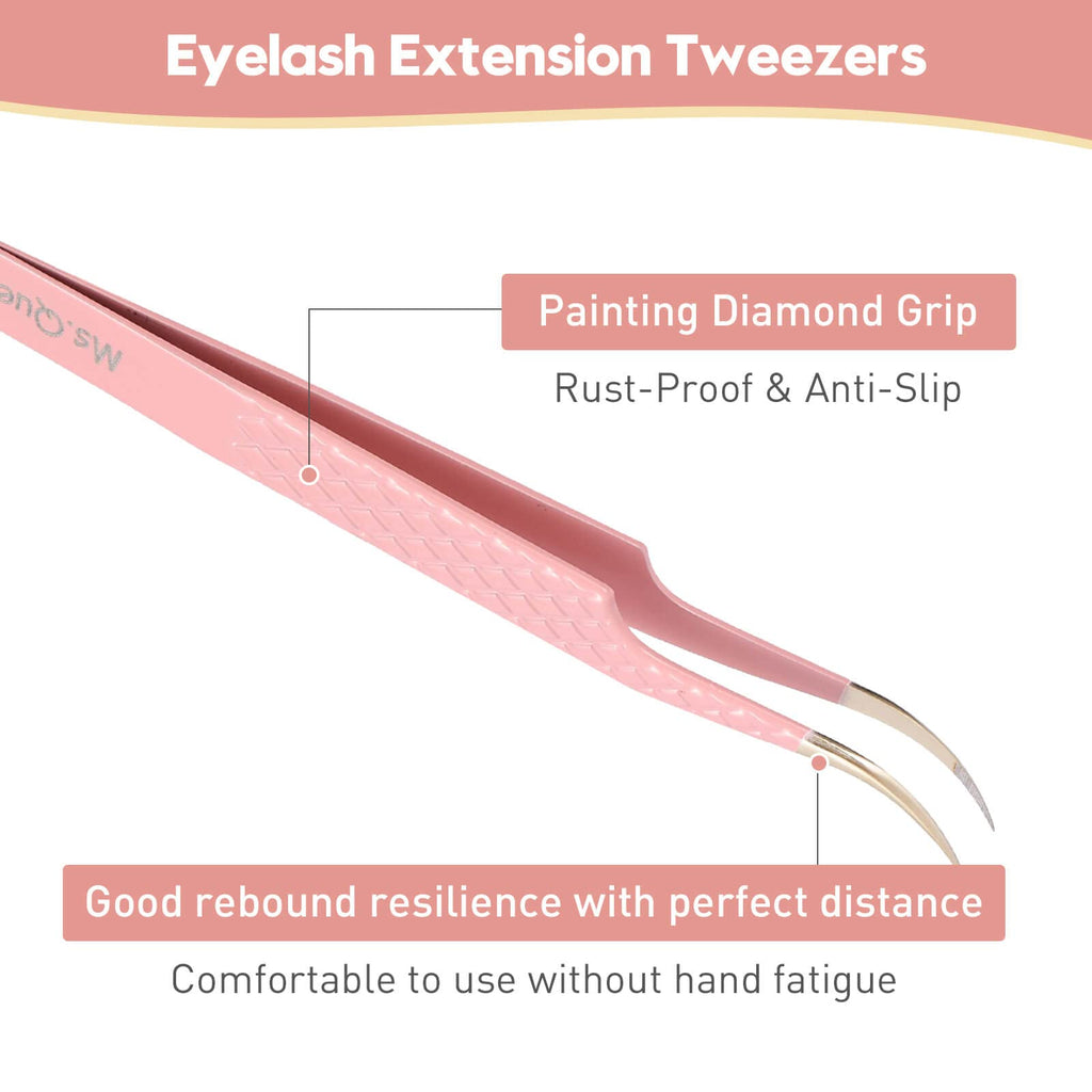 Ms.Queen Curved Tweezers for Eyelash Extensions,Diamond Grip Curved Volume Tweezers Fiber Tip Isolation Lash Tweezers