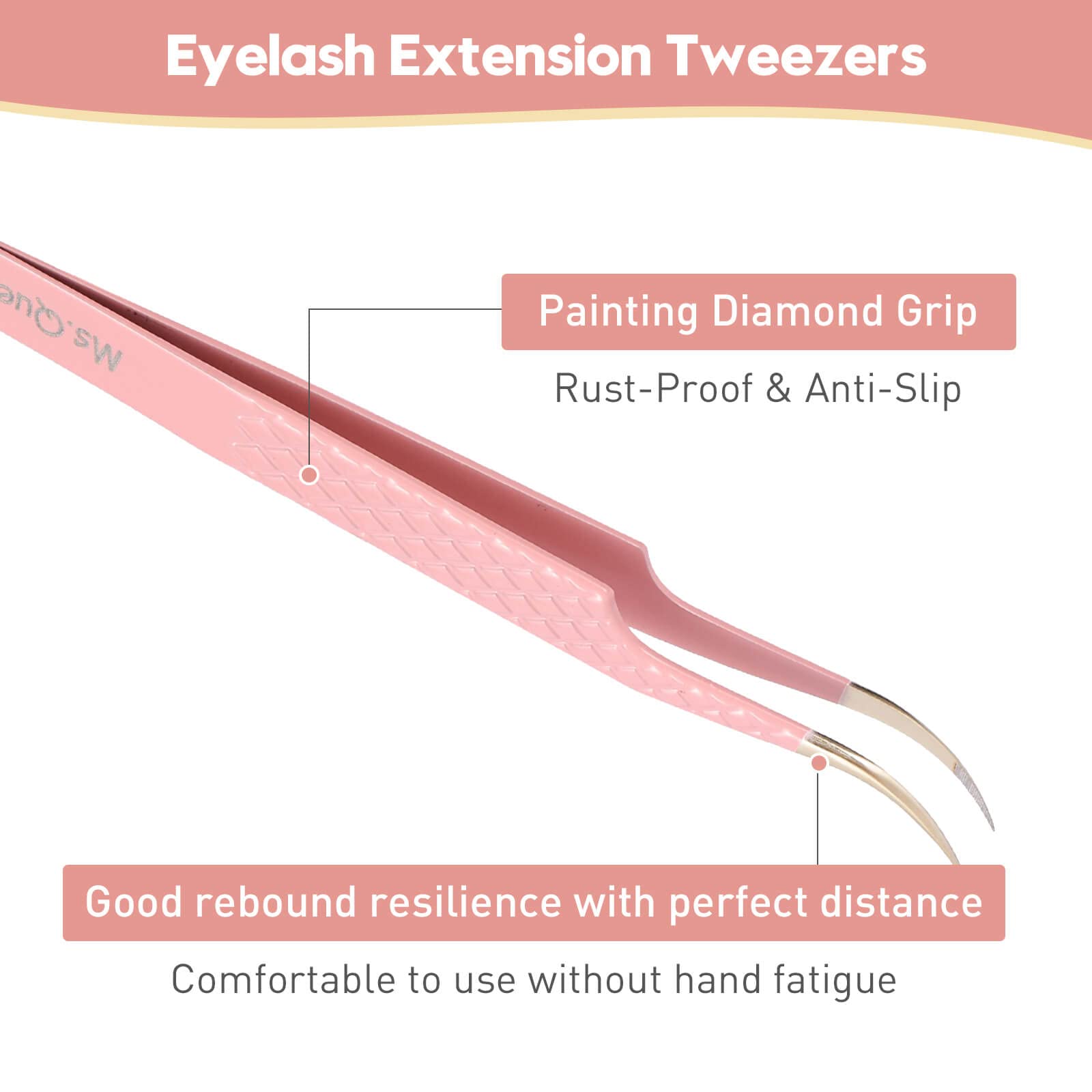 Ms.Queen Curved Tweezers for Eyelash Extensions,Diamond Grip Curved Volume Tweezers Fiber Tip Isolation Lash Tweezers
