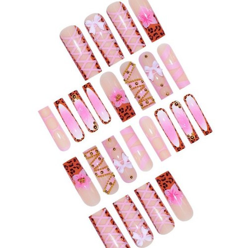 Long Press on Nails Square Fake Nails French Tip False Nails with 3D Bow Line Flower Designs Glue on Nail Glossy Acrylic Nails Full Cover Artificial Stick on Nail for Women 24Pcs