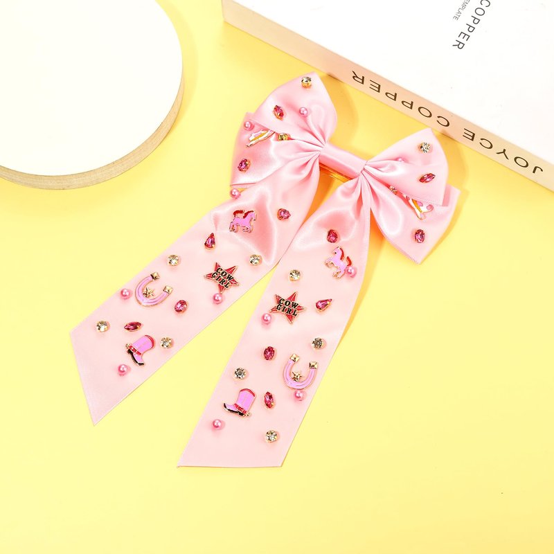 Western Hair Bows for Women Howdy Cowgirl Hair Bow Clips Cowboy Hat Boot Hair Ribbons Jeweled Big Pink Hair Bows Western Hair Accessories Bachelorette Rodeo Nashville Cowgirl Outfits Gifts (Pattern C)