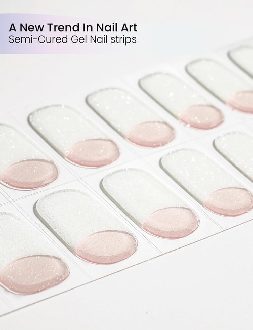 Oauee Semi Cured Gel Nail Strips | Built-In Gel Top Coat | UV Light Required | Salon Quality, Easy Application And Removal (Shining French style)