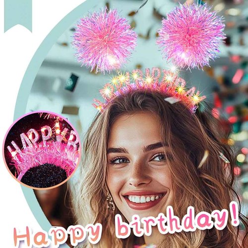 Aceorna Light Up Pink Headbands LED Happy Birthday Crown Hairbands Glowing Pom Pom Hair Accessories for Women