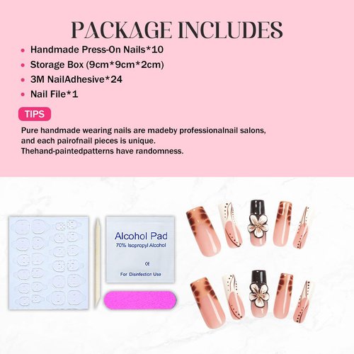Flower Press on Nails - Long Square Handmade Press on Nails Thick Acrylic and Muti-Layer Gel False Nails 3D Floral Stick on Nails Leopard French Tip Fake Nails for Women DIY Art Decor (M)