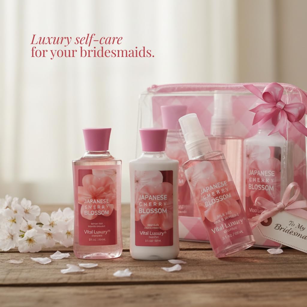 Bath and Body Gift Set – Japanese Cherry Blossom Spa Kit for Women, 3PC Travel Size Set with Shower Gel, Body Lotion, and Fragrance Mist, Body Care Set for Gifting, Bridesmaid Gifts
