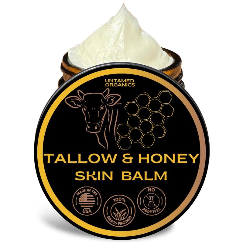 Untamed Organics Handmade Tallow & Honey Skin Balm | 100% Grass-Fed Grass-Finished Tallow + Raw Wild Honey | All Purpose Whole Body & Face Moisturizer For Sensitive Skin, 2 fl. oz. (Unscented)