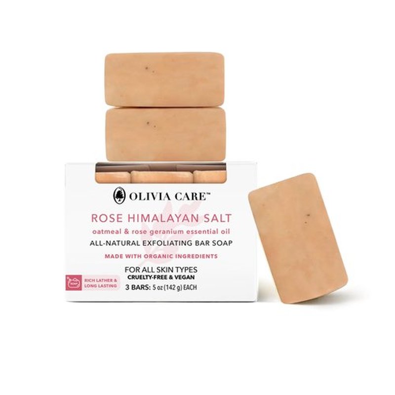 Olivia Care Exfoliating Bar Soap With Rose Himalayan Salt Natural & Organic - Infused w/Oatmeal & Rose Essential Geranium Oil - Moisturize, Detoxify, Hydrate - 3 X 5 OZ