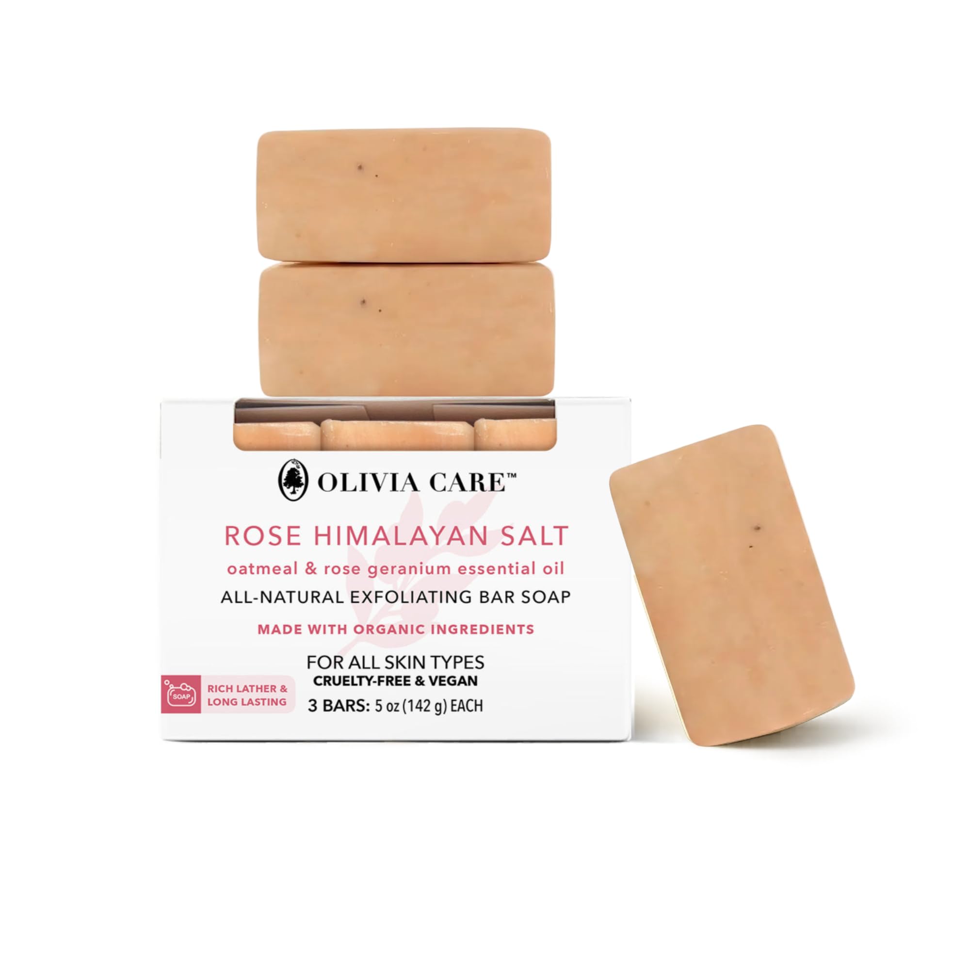 Olivia Care Exfoliating Bar Soap With Rose Himalayan Salt Natural & Organic - Infused w/Oatmeal & Rose Essential Geranium Oil - Moisturize, Detoxify, Hydrate - 3 X 5 OZ