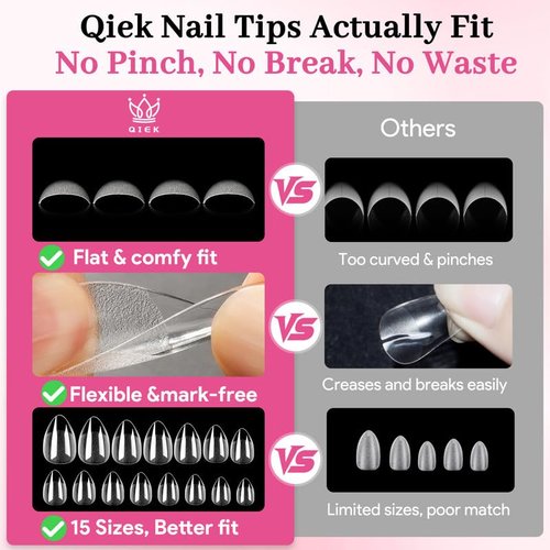 Qiek Short Water-drop Fake Nail Tips, 15 Sizes 240 PCS Clear Half Matte Press On False Nail Tips Soft Full Cover Gel Nail Tips Extensions Strong Thick Long Lasting for DIY Beginners & Salon Manicure