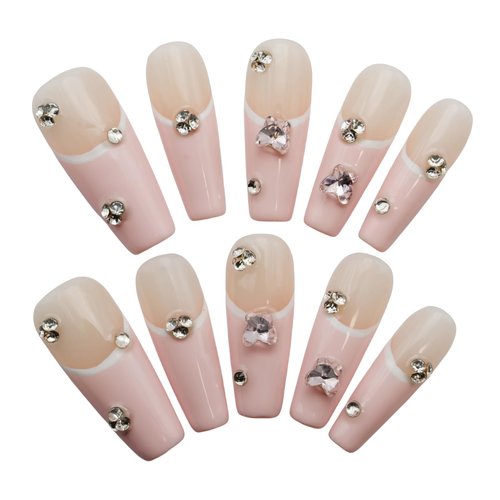 Pink Handmade Press on Nails, French Tip Medium Length Coffin Fake Nails, Cute Manicure Kit with Rhinestones for Women in Spring and Summer (10 Pcs, M)