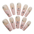 Pink Handmade Press on Nails, French Tip Medium Length Coffin Fake Nails, Cute Manicure Kit with Rhinestones for Women in Spring and Summer (10 Pcs, M)