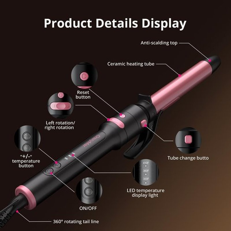 5 in 1 Automatic Rotating Curling Iron Set, CrazyMar Curling Wand Set - 5 Barrels (3/4,1,1/4 Inch) Dual Voltage Curling Wand for Professional Hair Styling, Travel, Ceramic Coating(Hot Pink)