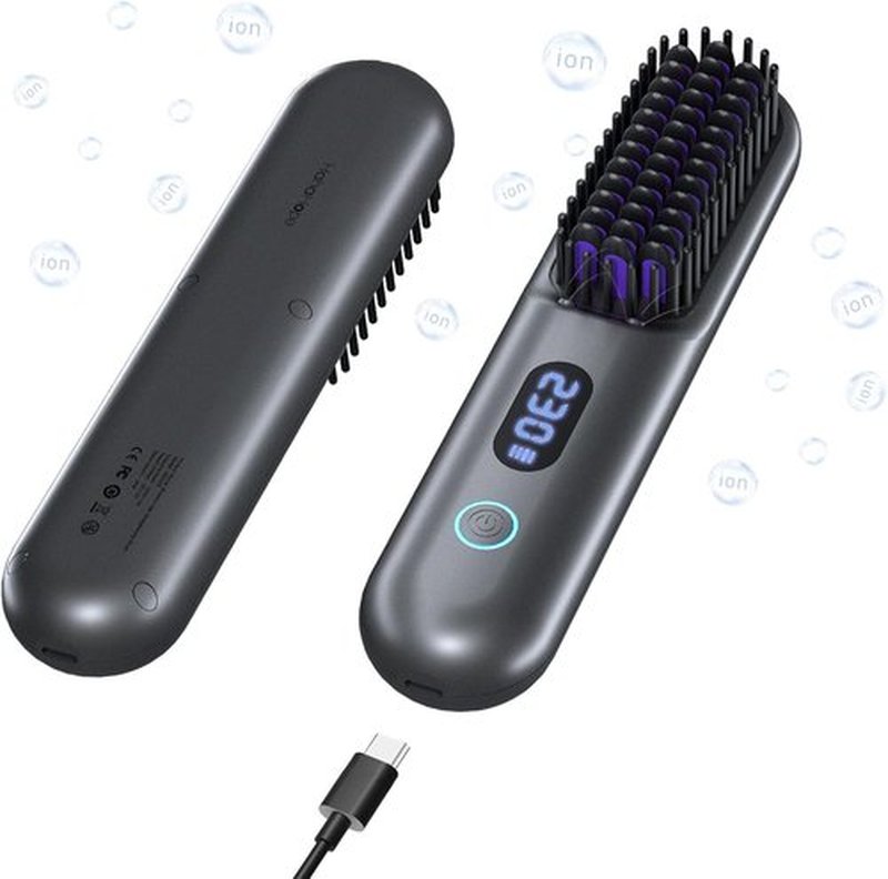 Skiennix Cordless Hair Straightener Brush - Portable Comb with 9600mAh Battery, Plasma Technology, 9 Temp Settings & LED Display - Ideal for Travel & Home (Grey)