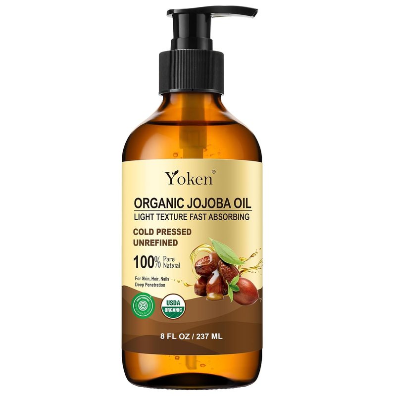 Yoken Organic Jojoba Oil - 100% Pure & Natural Cold Pressed Oil | 8 fl oz Glass Bottle for Hair, Skin & Face