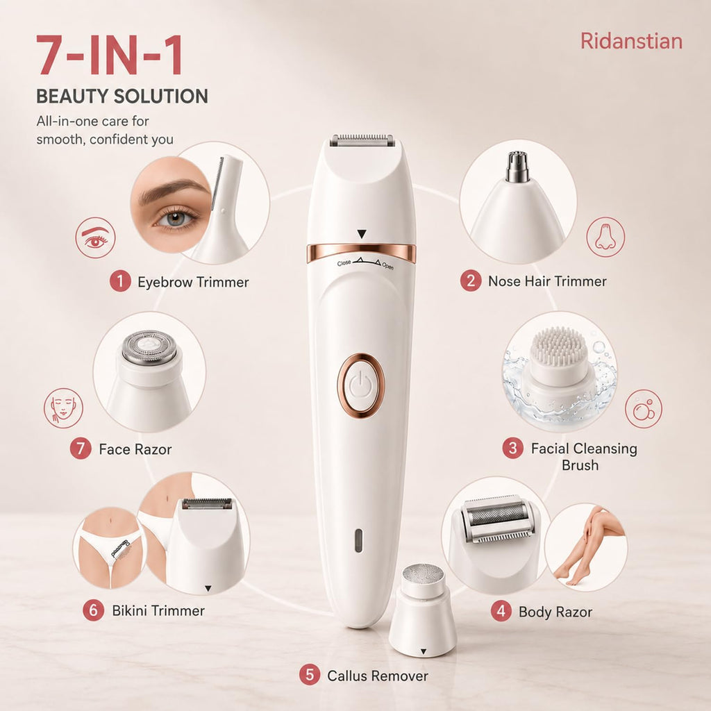 7-in-1 Electric Razors for Women,Bikini Trimmer for Women, Waterproof & USB Rechargeable with Body Hair Trimmer,Eyebrow Trimmer, Nose Hair Clipper,Callus Remover &Facial Cleansing Brush,Gifts for Lady