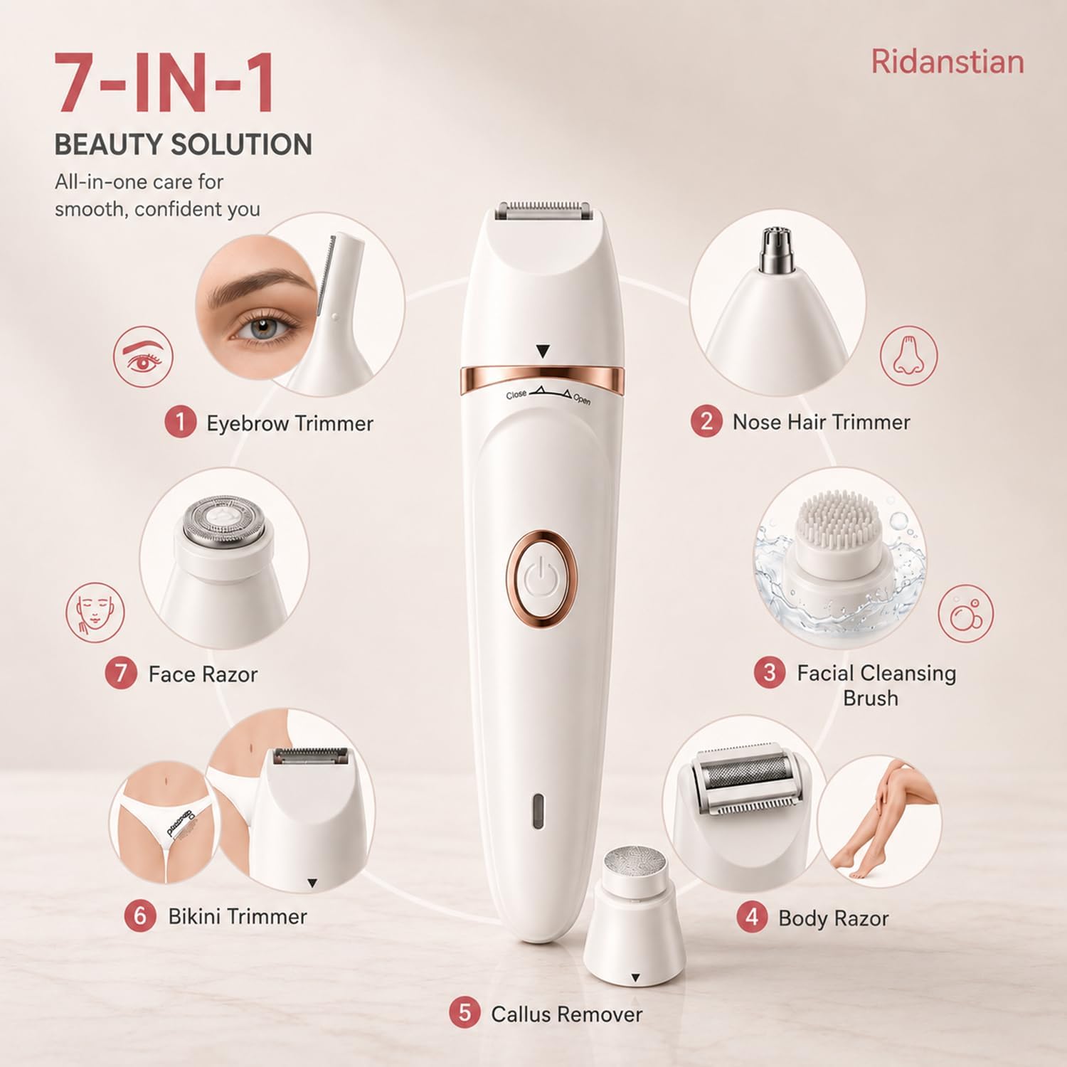 7-in-1 Electric Razors for Women,Bikini Trimmer for Women, Waterproof & USB Rechargeable with Body Hair Trimmer,Eyebrow Trimmer, Nose Hair Clipper,Callus Remover &Facial Cleansing Brush,Gifts for Lady