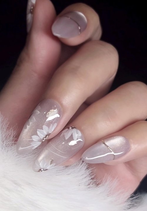 Handmade Press On Nails impress Fake Nails Medium Almond pruple white Ice flowers Hand Painting Crystal Manicure False press ons Nail Artificial (M size)