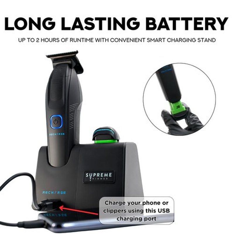 Supreme Trimmer Recharge ST777 – Professional Barber Trimmer with 2 Removable Batteries | 8000 RPM Motor, Zero Gap DLC Blades, Smart Charging Dock, USB-C Fast Charge