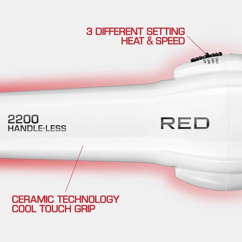 Red by KISS HandleLess Blow Dryer 2200W Ceramic Tourmaline White Color, 3 Heat Settings, Pik and Diffuser Included Comfortable Grip, Ionic for Frizz-Free Shine, Detangler & Straightening