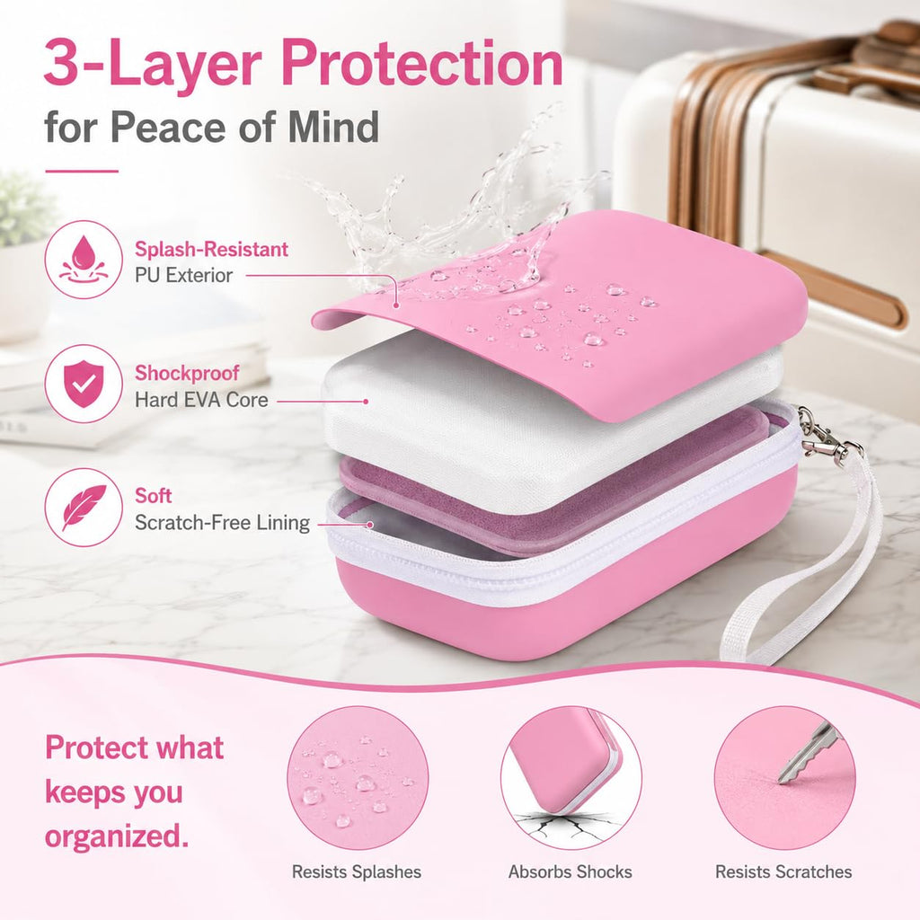 PAIYULE Hard Carrying Case for Phomemo D30 D35 Label Maker, Label Printer Case for Nelko P21, for NIIMBOT D110 D11, for Marklife P11 P12, for SUPVAN E10, Protective Storage Bag with Mesh Pocket (Pink)
