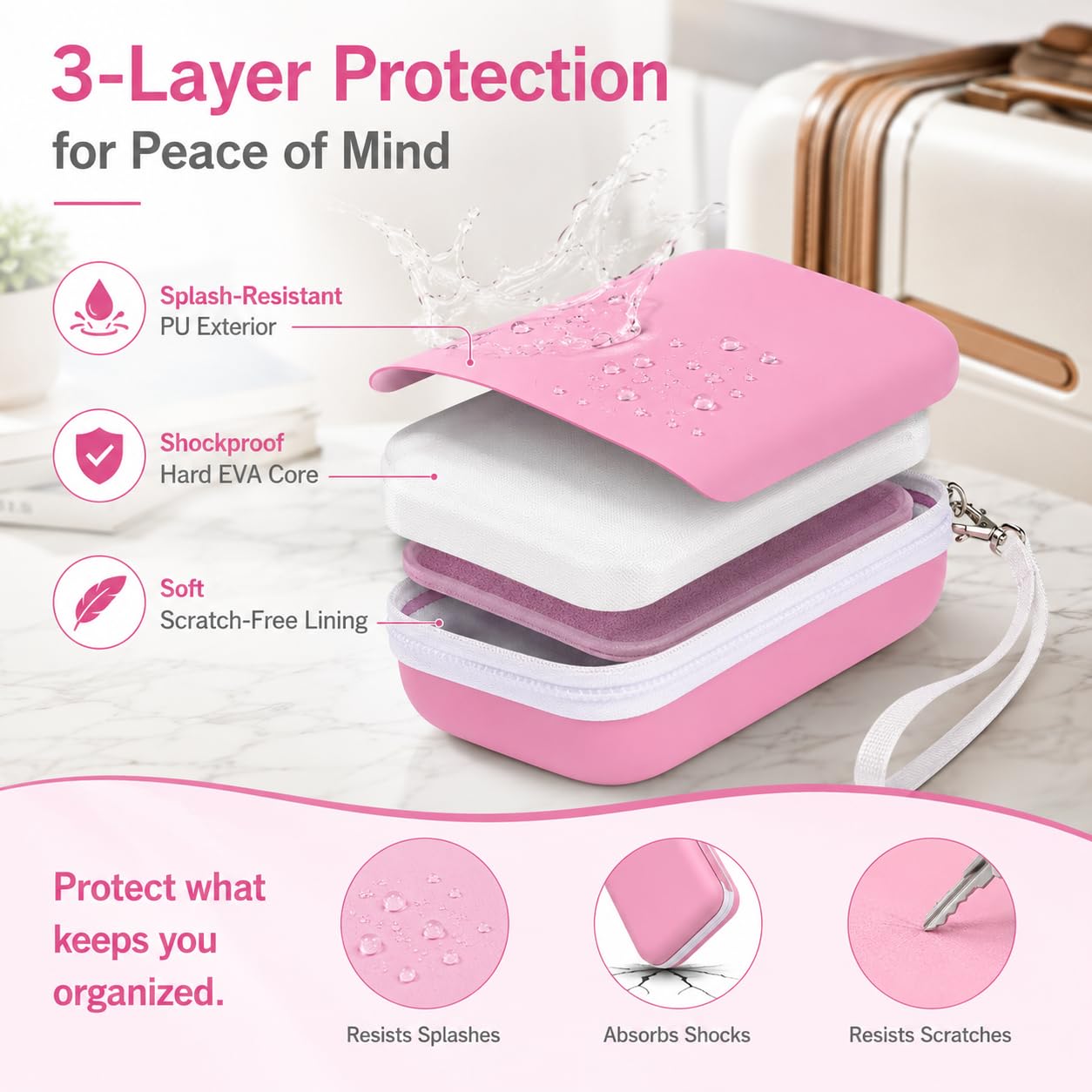 PAIYULE Hard Carrying Case for Phomemo D30 D35 Label Maker, Label Printer Case for Nelko P21, for NIIMBOT D110 D11, for Marklife P11 P12, for SUPVAN E10, Protective Storage Bag with Mesh Pocket (Pink)