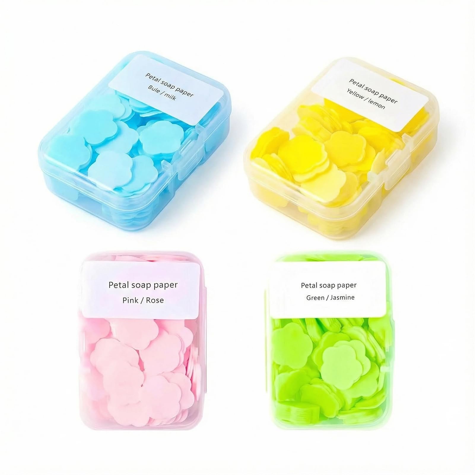 4 Different Scented Mini Fresh Portable Disposable Petal Hand Wash Sheets, Dissolvable Hand Bath Soap, Suitable for Children and Adults, Outdoor, Travel, Camping, 4 Boxes (Approx 400 Sheets)