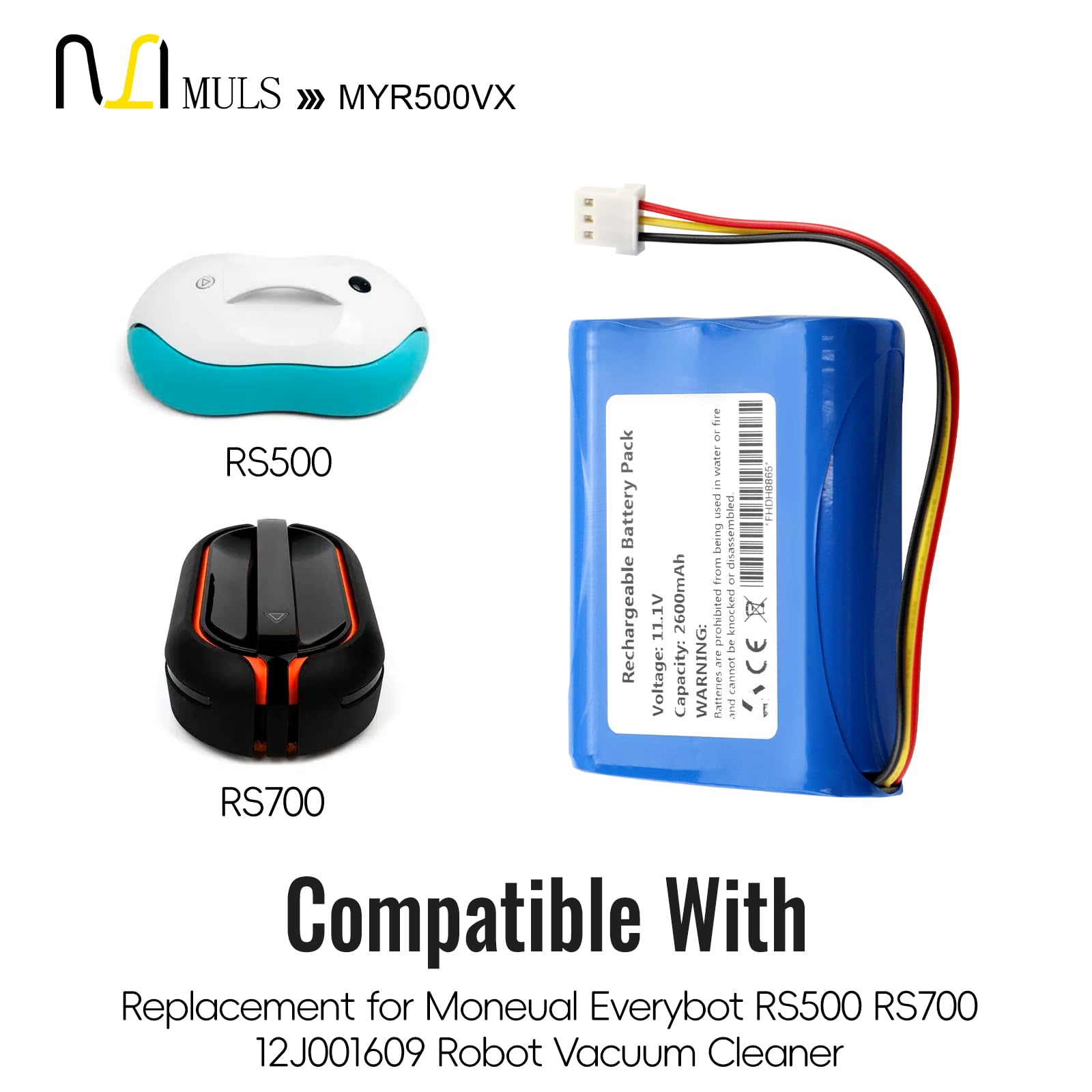 MULS 12J001609 Battery Replacement for Moneual Everybot RS500 RS700 Robot Vacuum Cleaner with Tools 11.1V 2600mAh