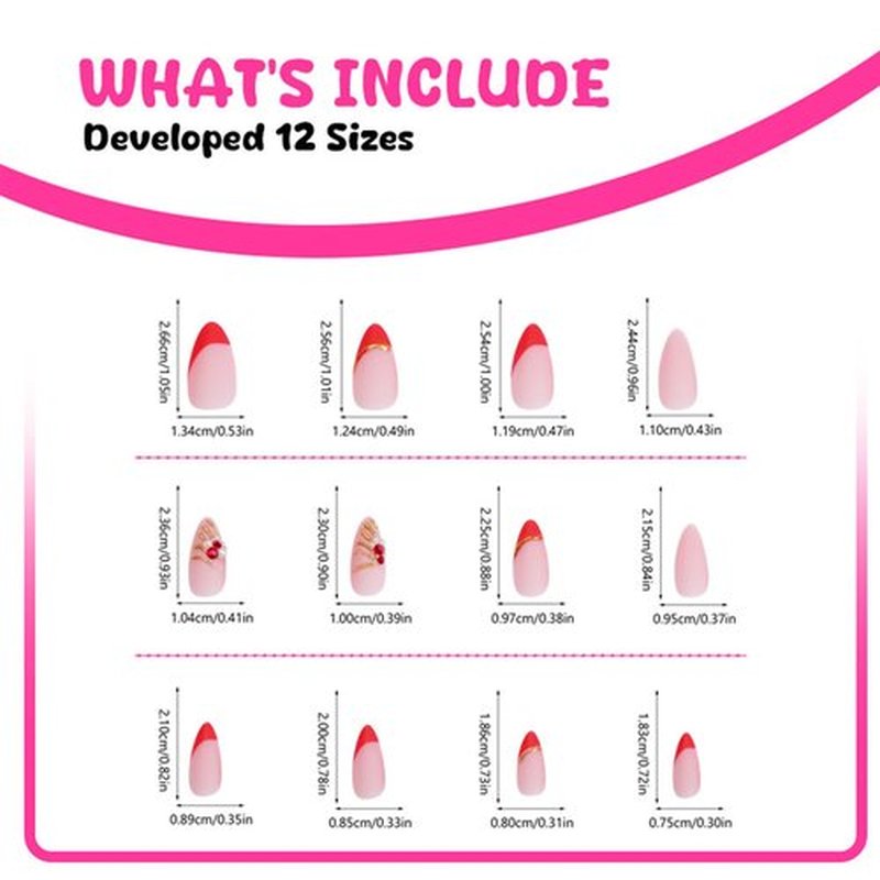 AROVFAM 3D Gold Curve Line 24Pcs Medium Almond Acrylic Matte Red French Tips Stick on Nails Crystal Gel Glue on Nails for Coquette Women Girls