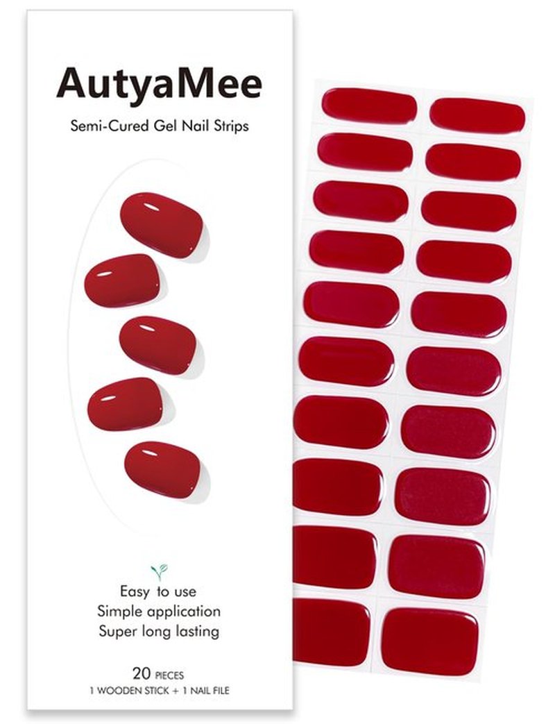 AutyaMee Semi Cured Gel Nail Strips (Ruby Red), 20 Pcs Gel Nail Wraps, Stickers, UV Light Required, Salon Quality, Long Lasting