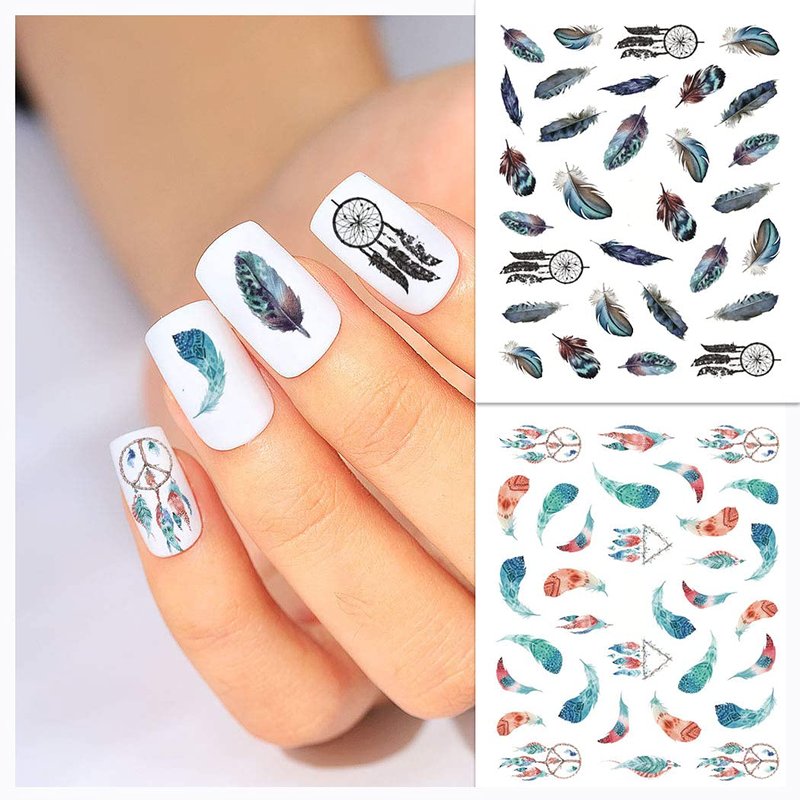 WOKOTO 44 Sheets Feather Nail Art Stickers - 3D Nail Decals with Flowers, Animals - Self-Adhesive Flower Nail Stickers for Women & Girls Acrylic Nails