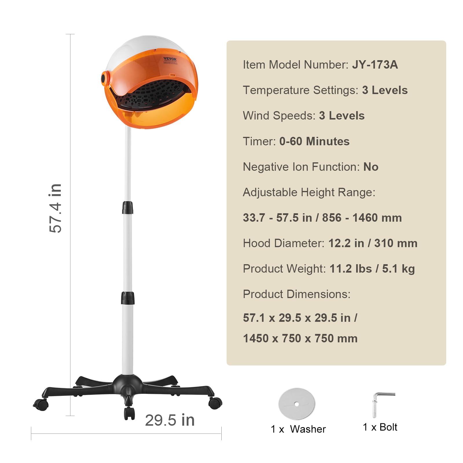 VEVOR 1875W Hooded Bonnet Dryer with Variable Speed, Temperature, Timer, and Wheels for Beauty Salon and Home Spa