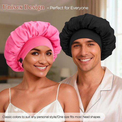 2Pcs Bonnet for Sleeping Women, Satin Adjustable Silk Hair Bonnet for Sleeping, Wide Band Sleep Caps for Curly Hair, Black & Rose Red