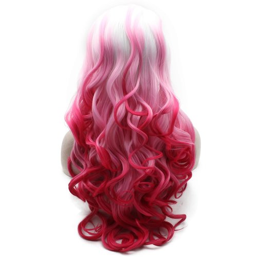 Aurssa Long Wavy Ombre Pink Synthetic Lace Front Wig Half Hand Tied Heat Resistant Fiber Hair Cosplay Wig