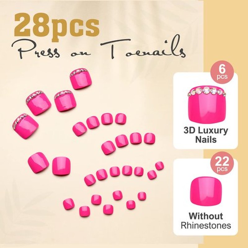 Artquee 28pcs Hot Pink Short Press on Toenails Glossy Square Fake Toe Nails Art Rhinestones Design Beach False Toes Nail Kit Tips Cute Artificial Toenail for Women in 14 Sizes