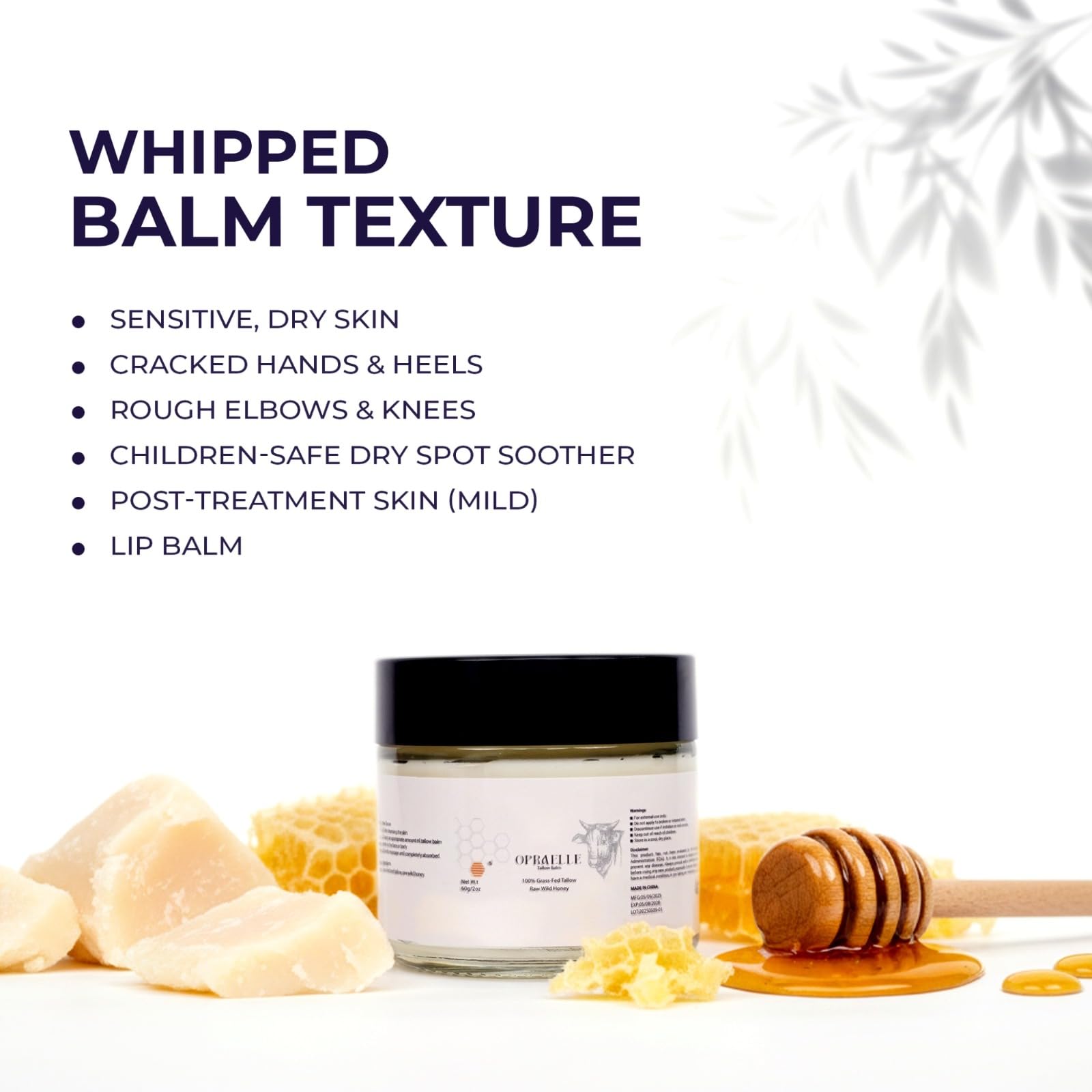 Opraelle Organic Grass-Fed Beef Tallow Balm with Raw Honey - Moisturizing Cream for Soft, Smooth Skin All-Natural Moisturizer (4oz with Applicator)