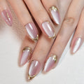 XZMeiLun Pink Cat Eye Press on Nails Short Almond, Acrylic Fake Nails with 3D French Tip Gold Line Design, Reusable Glue-On Stick for Cute Pink Nails for Women