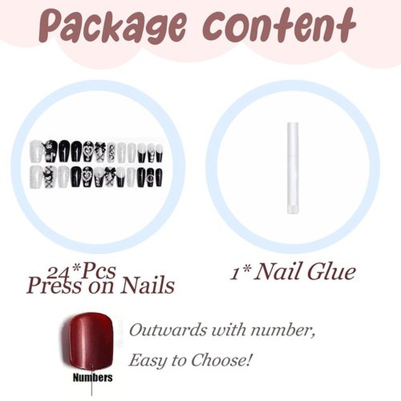 BABALAL Black Press on False Nails Medium Coffin Fake Nails Goth French Tip Glue ons Acrylic Nails Cute Bow Anime Heart Charm Design 24Pcs kawaii Luxury Bling Ballerina Manicure DIY
