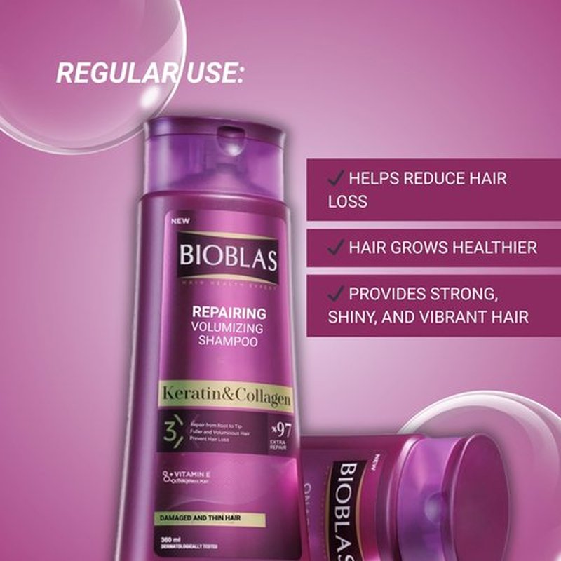 Bioblas Repairing Anti-Hair Loss Shampoo - Plumping Formula with Keratin & Collagen | 360 ML