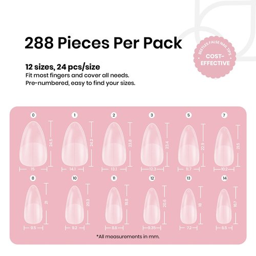 Beetles Medium Almond Gel Nail Tips: 288PCS Medium Almond Matte Clear False Acrylic Press on Nails Tips 12 Sizes Pre-shape Full Cover Nail Tips Nail Extension Easy DIY Salon Gifts for Women