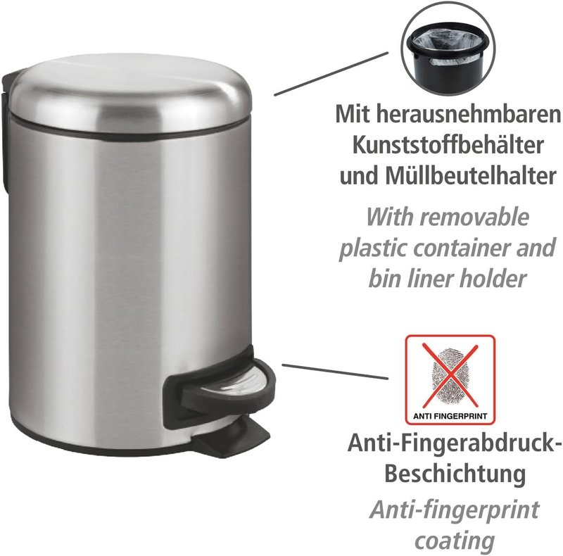 WENKO Stainless Steel Small Trash Can - Pedal-Operated Bathroom Bin with Removable Inner Bucket | 0.79 Gal, Silver
