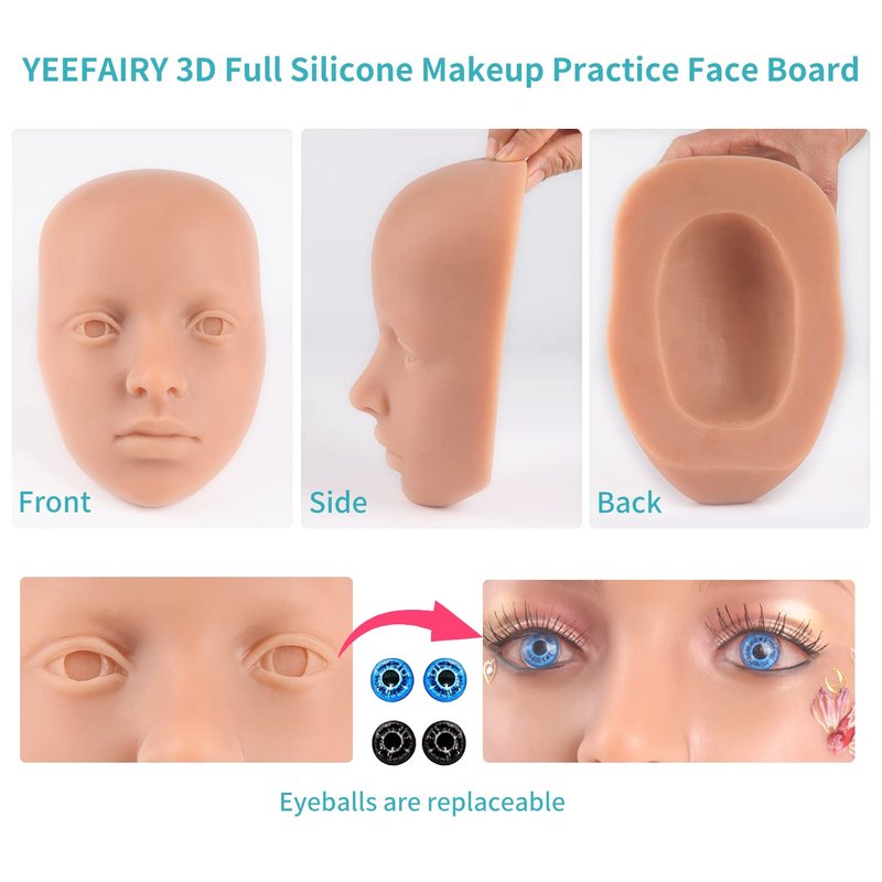 YEEFAIRY Makeup Practice Face Board 3D Reusable Silicone Mannequin Eye Face Kit Practice Skin with 2 Pairs of Realistic Eyeballs for Tattoo Artists Beauty Beginner (Natural)