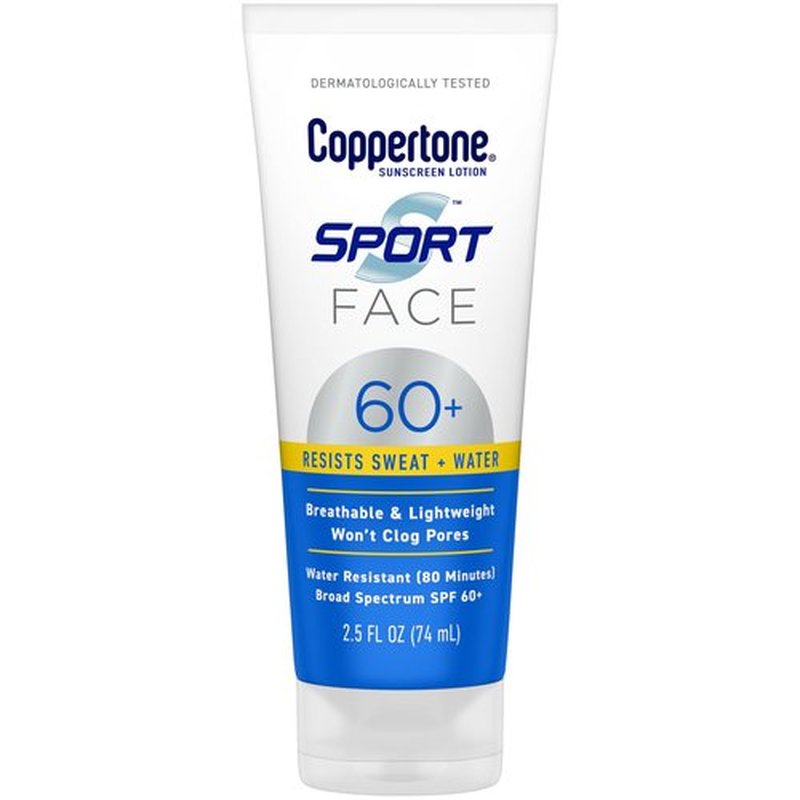 Coppertone Sport Face Sunscreen Lotion SPF 60+, Water Resistant Sunscreen with Broad Spectrum SPF 60+, Lightweight and Breathable, 2.5 Fl Oz Tube