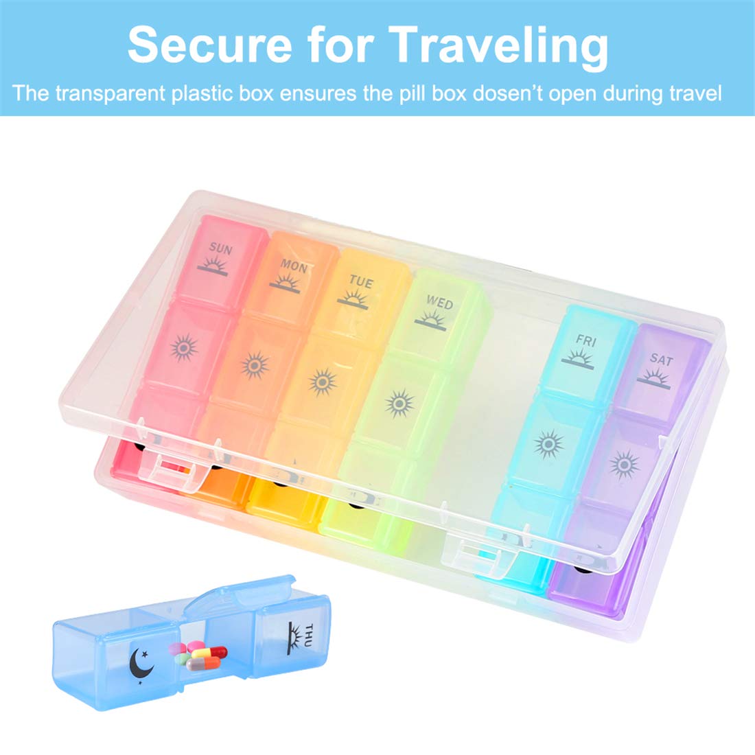 Weekly Pill Organizer,3-Times-A-Day 7 Day Pill Box Large Compartments Moisture-Proof Pill Case Medication Reminder Portable Travel Container for Vitamins Fish Oil Compartments Supplements