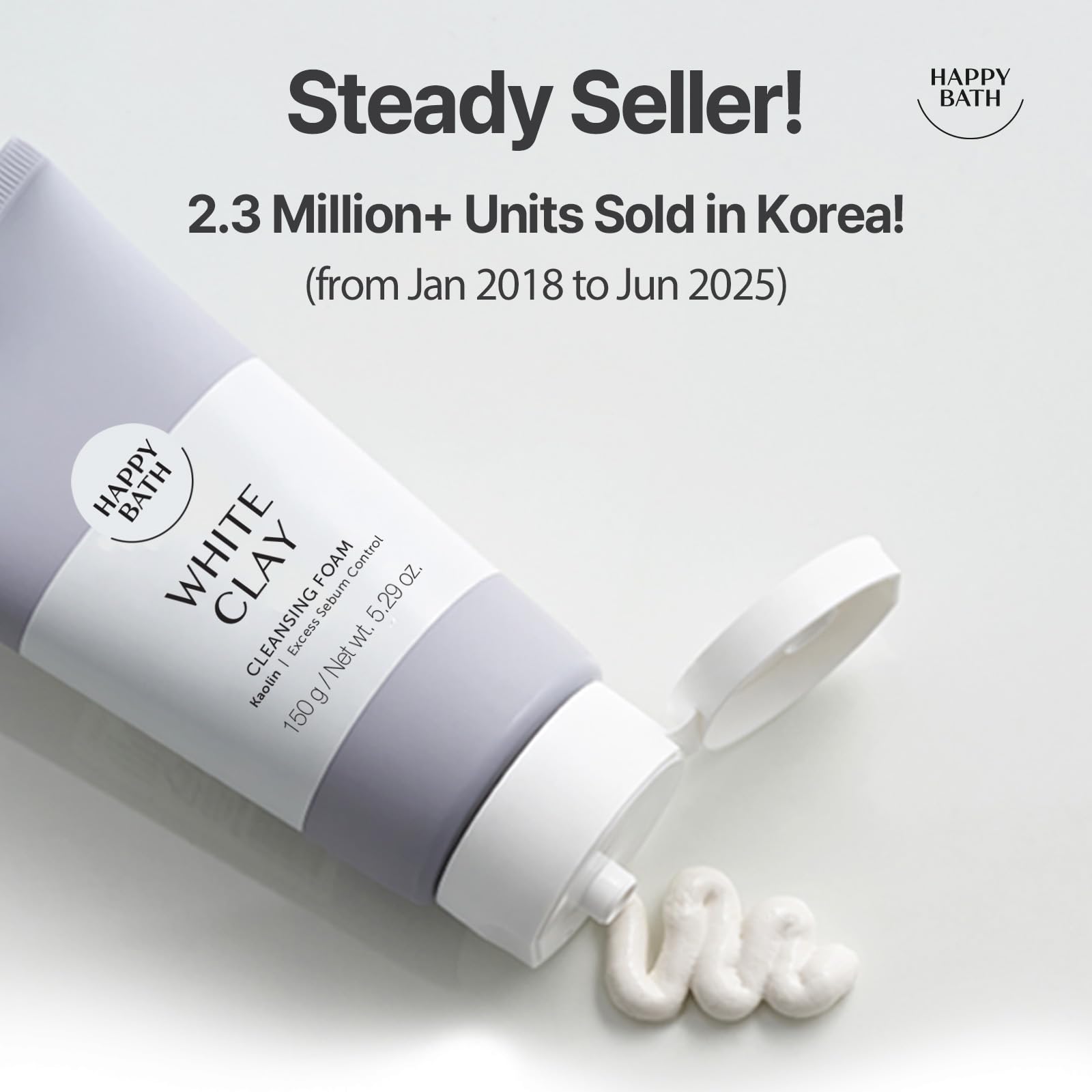 HAPPY BATH White Clay Facial Cleanser, Natural Deep Pore Cleanser, Combination to Oily Skin, Korean Foaming Face Wash, Gentle Formula for Daily Use, 5.29 Fl Oz.