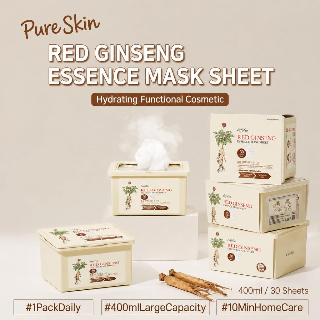 esfolio Made in Korea 30 Sheets Pure Skin Facial Mask – Red Ginseng Essence Hydrating Face Mask for Smooth, Soft, Firm, and Supple Looking Skin – Korean Daily Sheet Mask Skincare Pack
